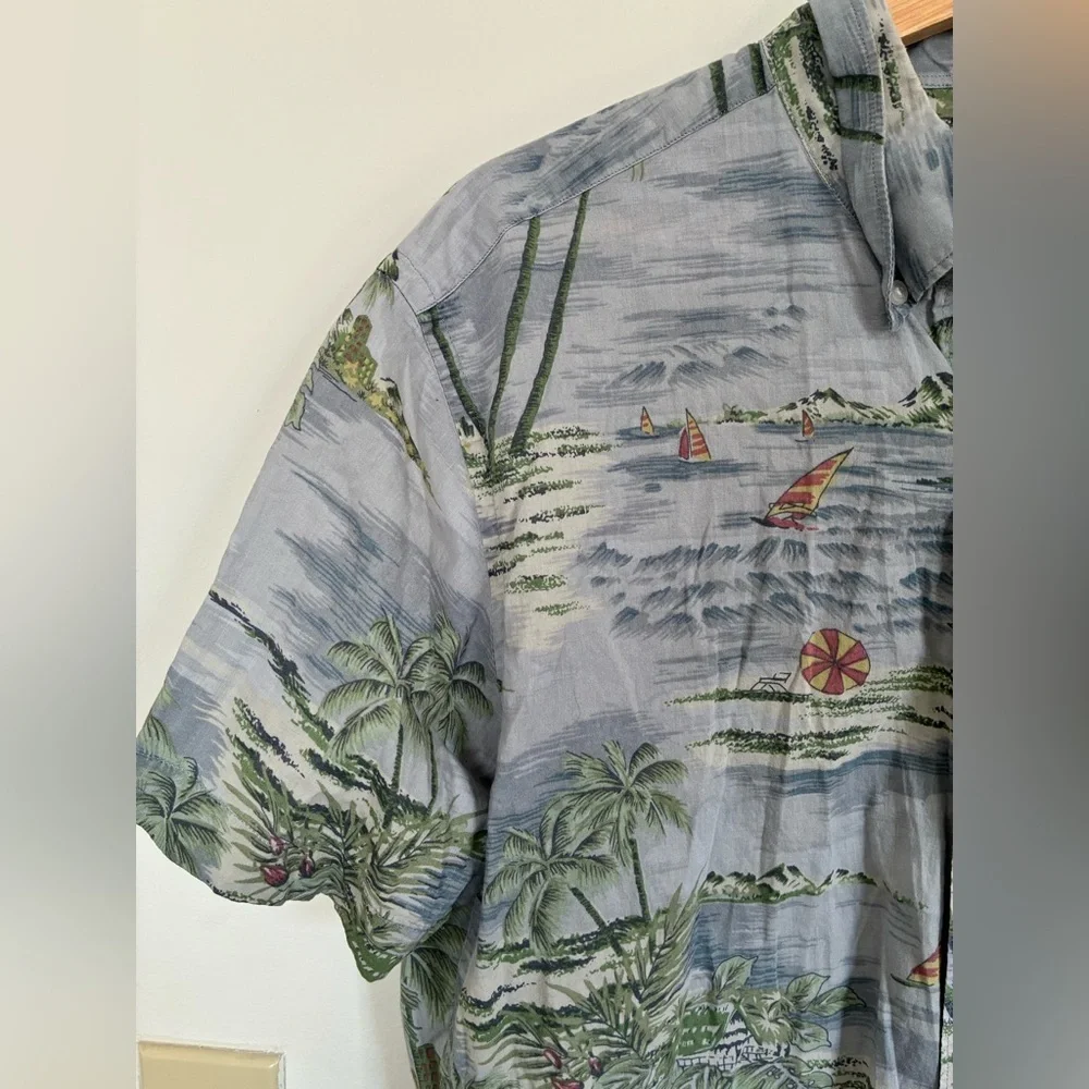 J Crew Shirt Men Medium Chambray Hawaiian Palm Tree Shirt Beach Lightweight